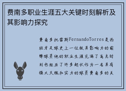 费南多职业生涯五大关键时刻解析及其影响力探究
