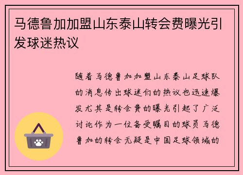 马德鲁加加盟山东泰山转会费曝光引发球迷热议